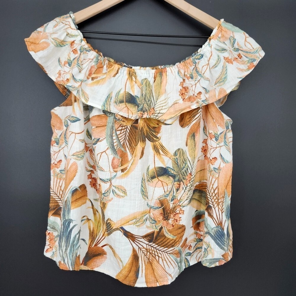 Brown Green Earthy Floral Ruffle Top Women XL Botanical‎ Off Shoulder Feminine